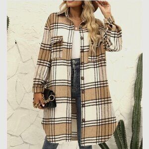 Plaid "Burberry Style" Shacket, Tan and Brown, Knee Length, Oversized, Size S
